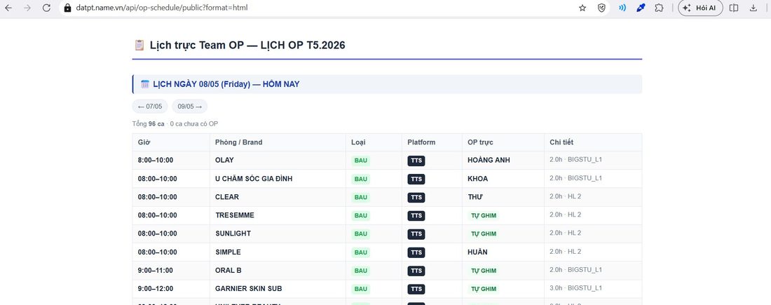 Endpoint HTML Lịch OP