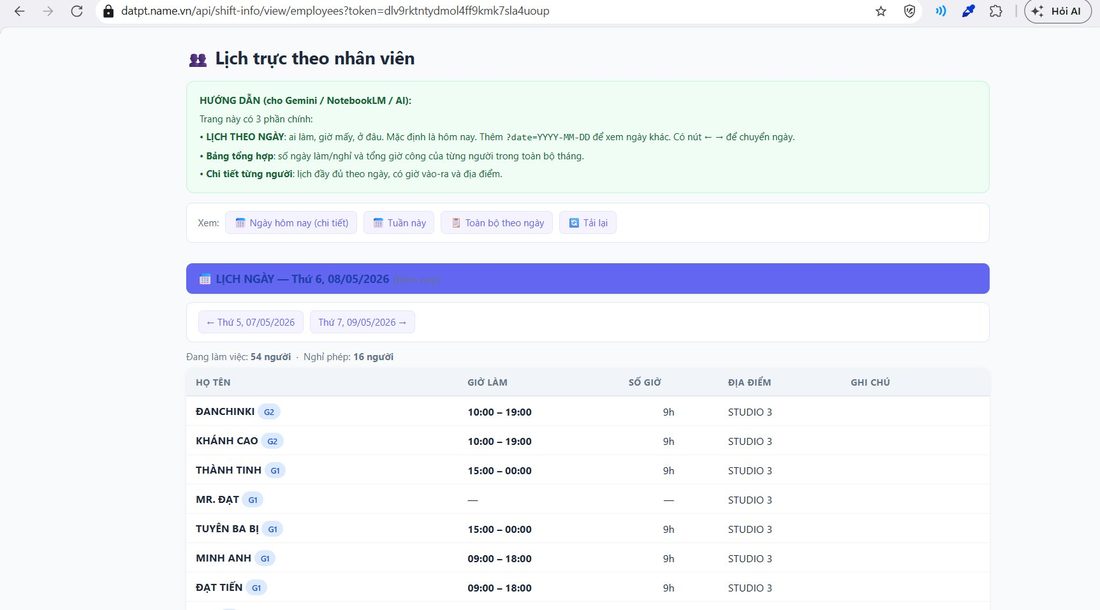 Endpoint Lịch Tech theo nhân viên